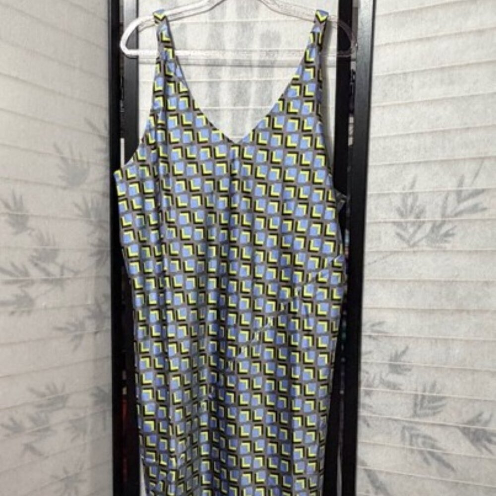Wildfang‎ Empower Satin Slip Dress XL Blue Yellow Geometric Mod Belted Print New - Picture 2 of 11